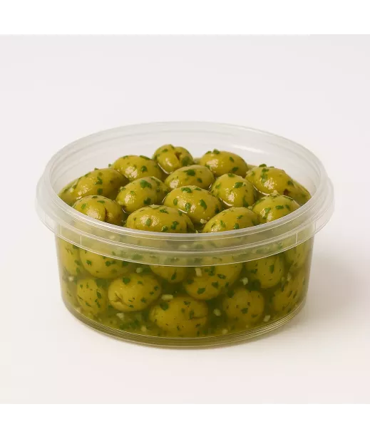POT ROND - OLIVES CASSEES VERTES AIL PERSIL 14X190G
