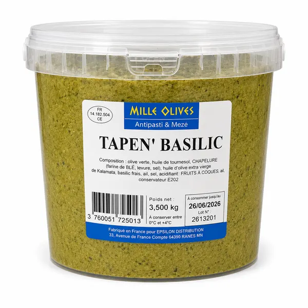 MILLE OLIVES - TAPEN' BASILIC - 3.5KG SEAU - PRIX DU SEAU