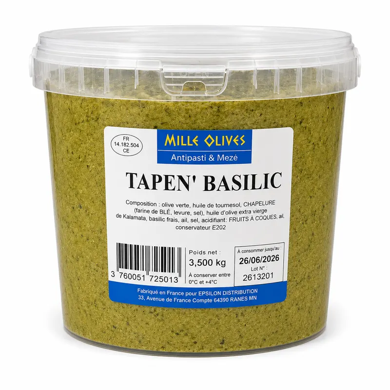 MILLE OLIVES - TAPEN' BASILIC - 3.5KG SEAU - PRIX DU SEAU