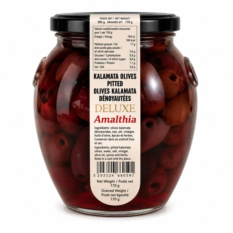 GRIECHISCHE OLIVEN GLAS - KALAMATA ENTSTEINT - 6X400G