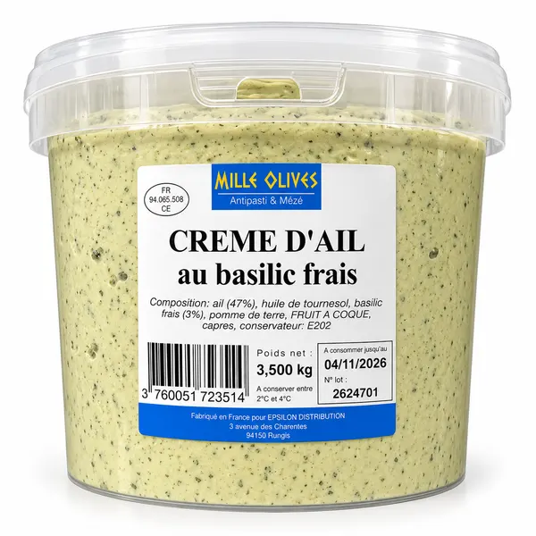 MILLE OLIVES - GARLIC CREAM WITH BASIL - 3.5KG - BUCKET PRICE