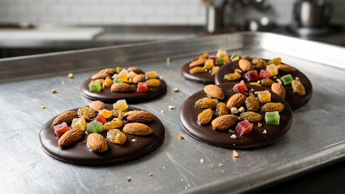 Mendiants au chocolat noir garnis d'amandes, de raisins secs et de fruits confits sur plateau inox.