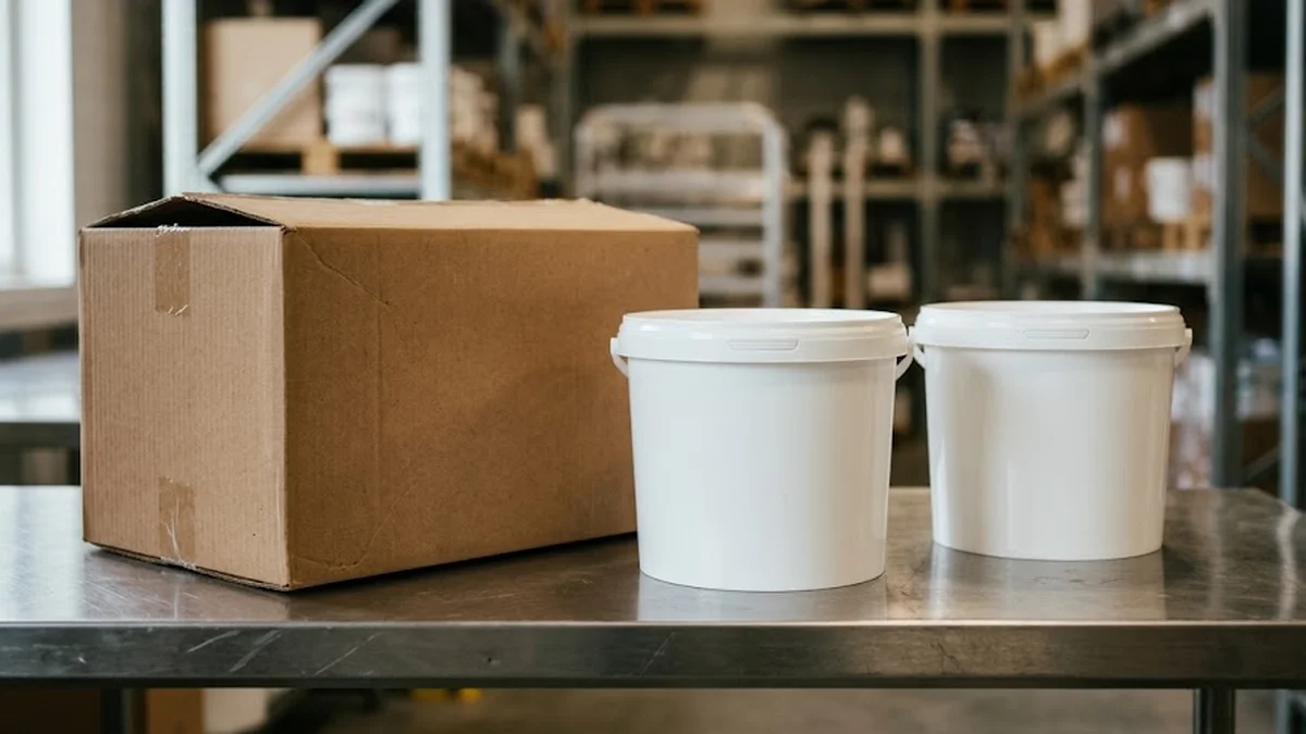 Une caisse en carton et deux seaux vierges sur une table en inox avec un entrepôt flou en arrière-plan.