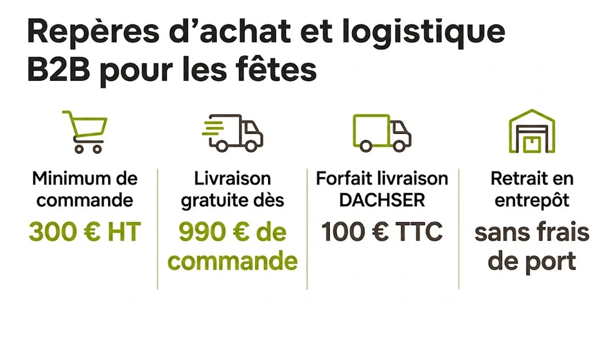 Repères d'achat et logistique B2B pour les fêtes : Minimum de commande, 300 € HT ; Livraison gratuite dès, 990 € de commande ; Forfait livraison DACHSER, 100 € TTC ; Retrait en entrepôt, sans frais de port