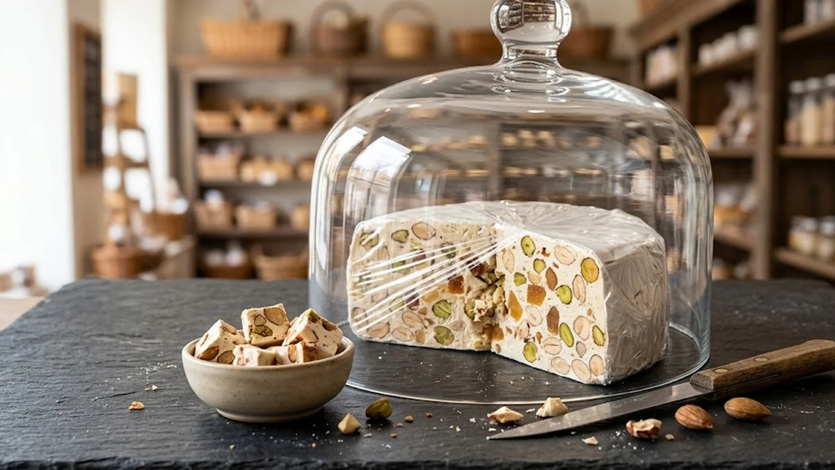 Demi-meule de nougat sous cloche protectrice en verre sur comptoir en ardoise avec échantillons présentés dans une coupelle.