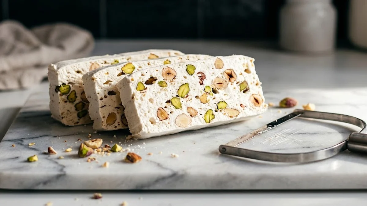 Tranches épaisses de nougat tendre découpées avec précision sur une planche en marbre blanc aux côtés d'un outil de coupe en acier.
