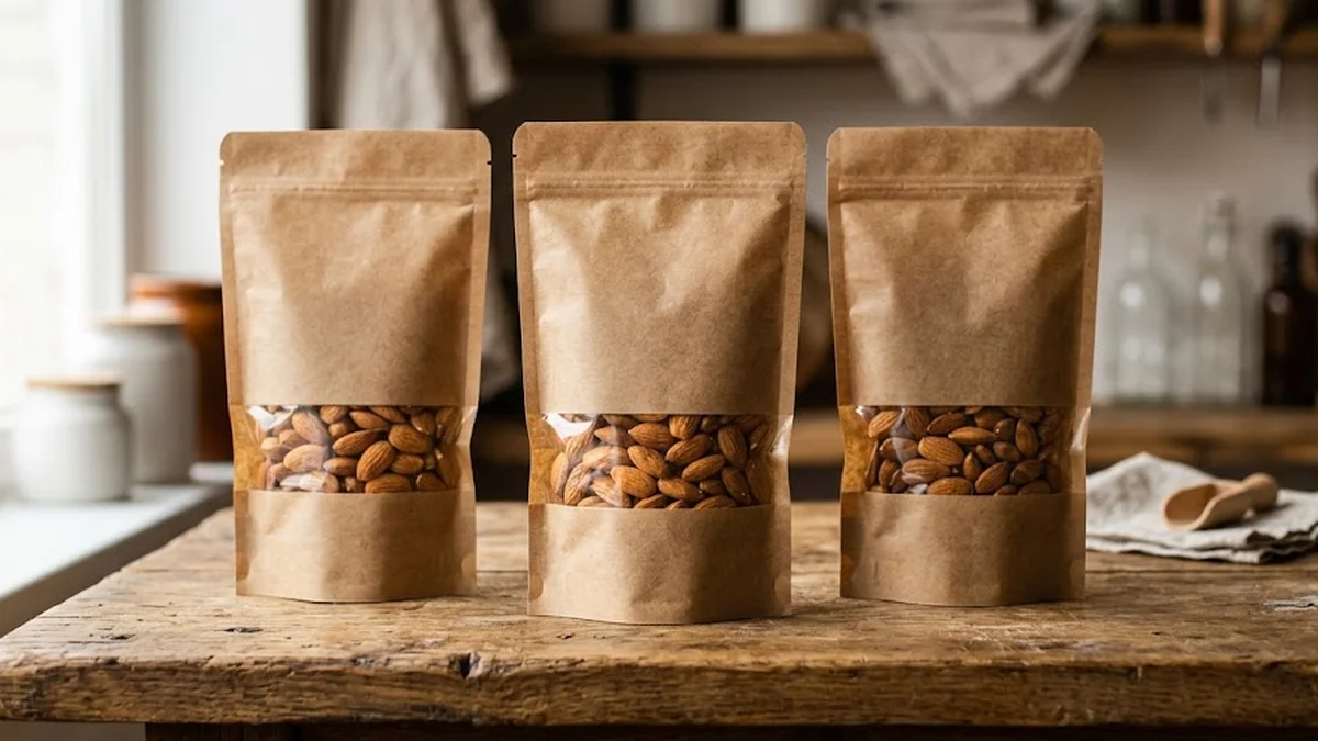 Trois sachets doypack en kraft vierges remplis d'amandes sur une table en bois avec un atelier flou en arrière-plan.