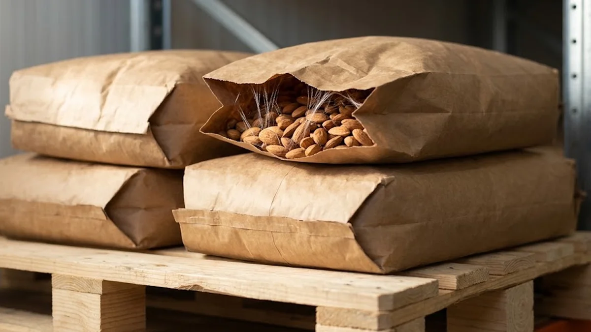 Sacs en papier kraft entrouverts sur palette en bois laissant voir des amandes entières et de discrets filaments soyeux sous une lumière latérale.