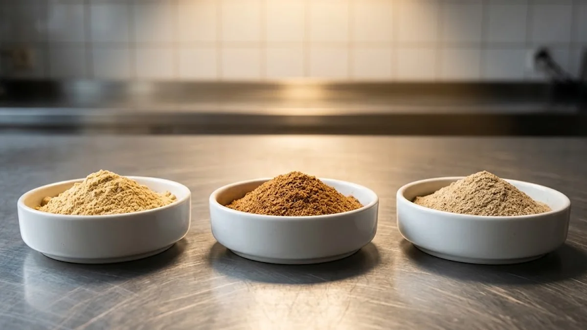 Coupelles d'épices moulues avec gingembre et muscade sur plan de travail en inox