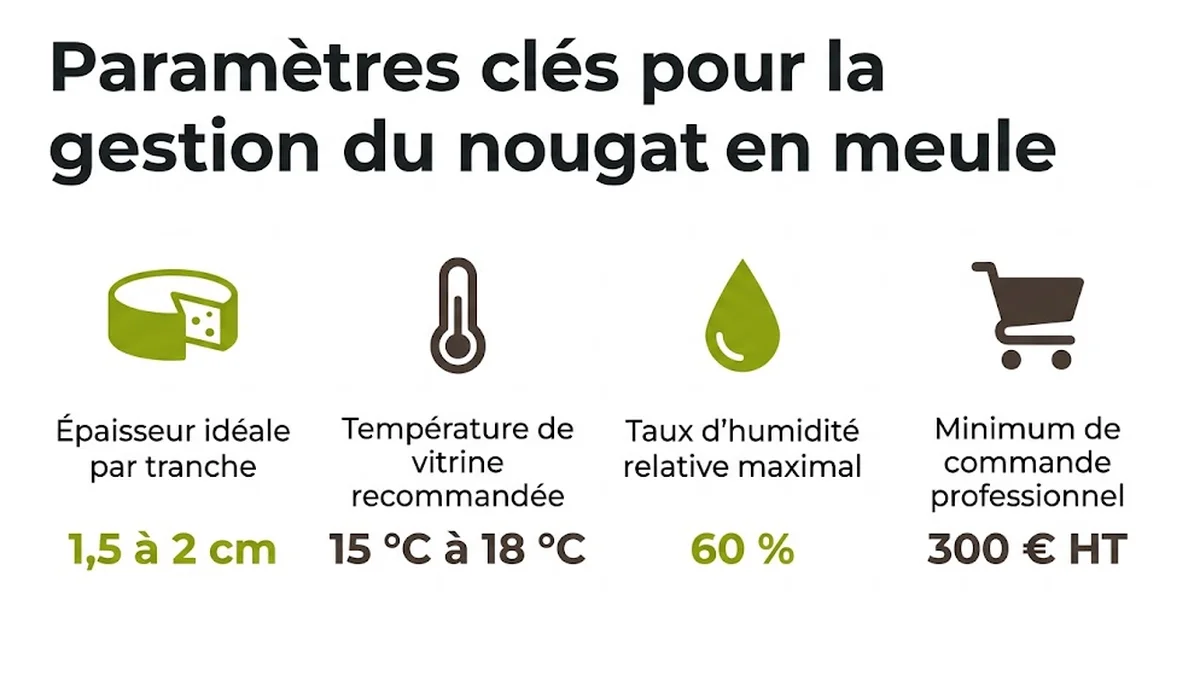 Paramètres clés pour la gestion du nougat en meule : Épaisseur idéale par tranche, 1,5 à 2 cm ; Température de vitrine recommandée, 15 °C à 18 °C ; Taux d'humidité relative maximal, 60 % ; Minimum de commande professionnel, 300 € HT