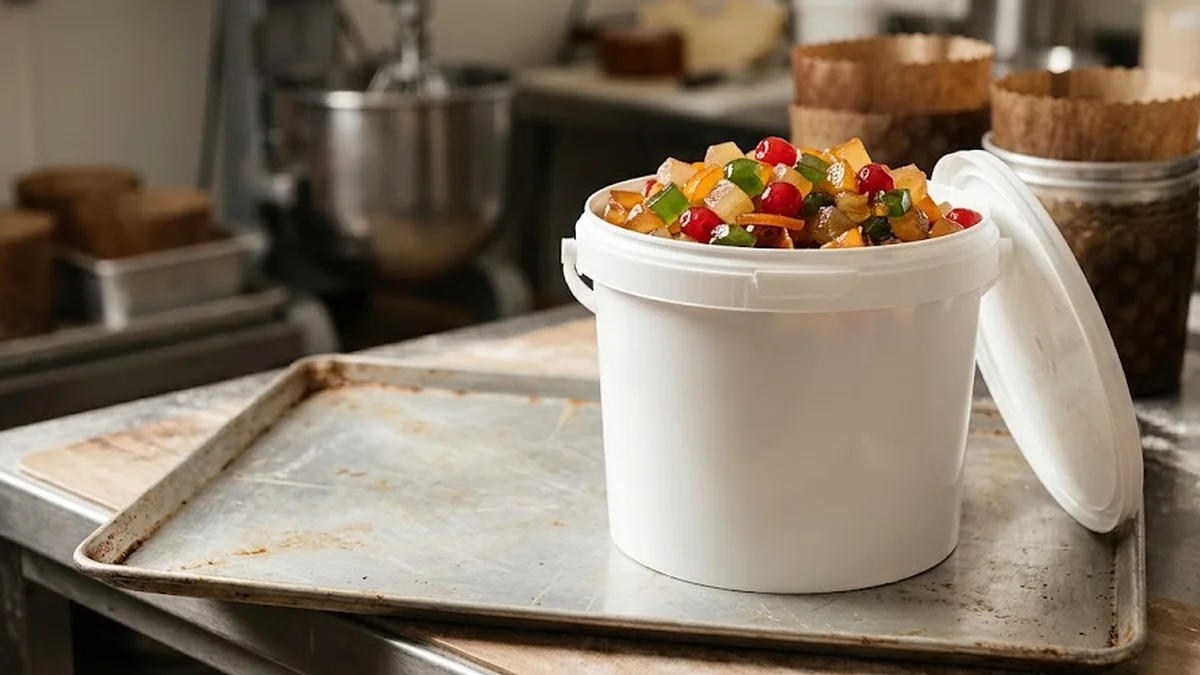Seau professionnel de macédoine de fruits confits en cubes pour inclusions pâtissières