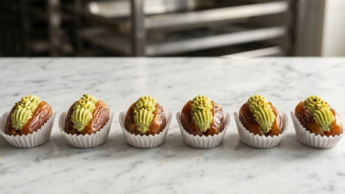 Dattes Deglet Nour garnies de pâte d'amande en caissettes plissées sur marbre de pâtisserie professionnel.