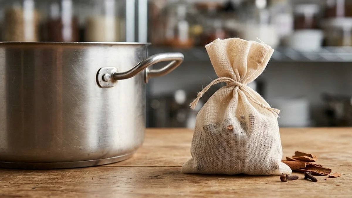 Sachet d'infusion d'épices entières pour vin chaud posé près d'un faitout en inox