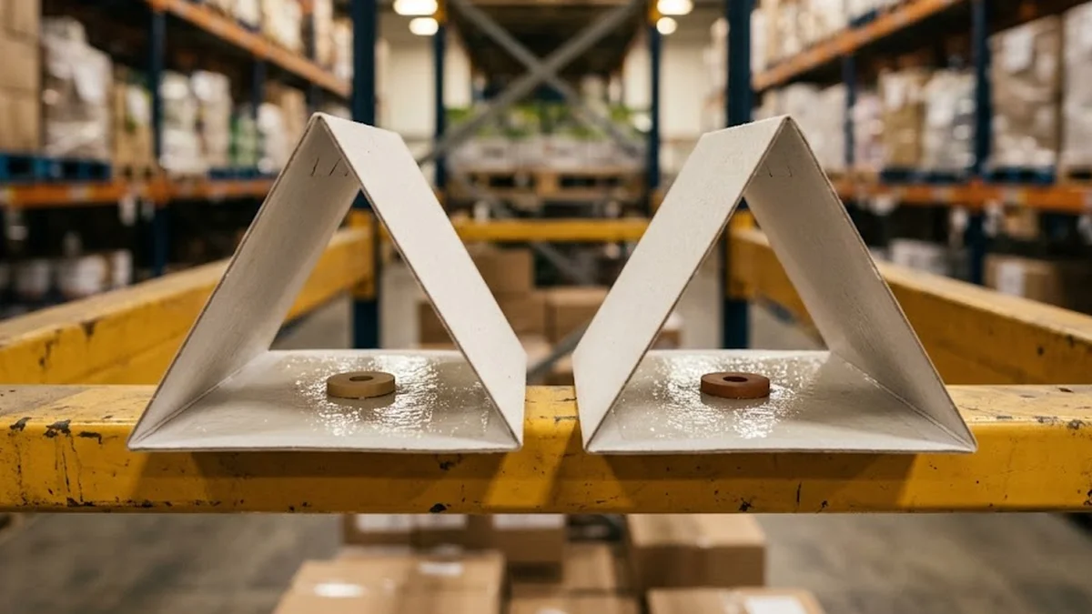 Deux pièges triangulaires en carton blanc avec bande engluée et capsule à phéromone posés sur une lisse métallique de rack en entrepôt.