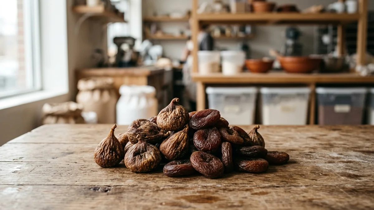 Figues et abricots secs traditionnels à la texture ridée disposés sur une table de travail en bois