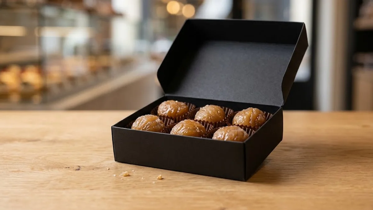 Ballotin de marrons glacés présentés dans des alvéoles plissées sur un comptoir en chêne.