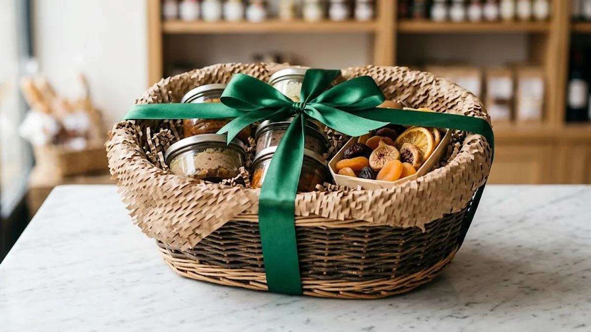 Panier garni en osier avec frisure de calage et ruban de satin garni de verrines gourmandes.